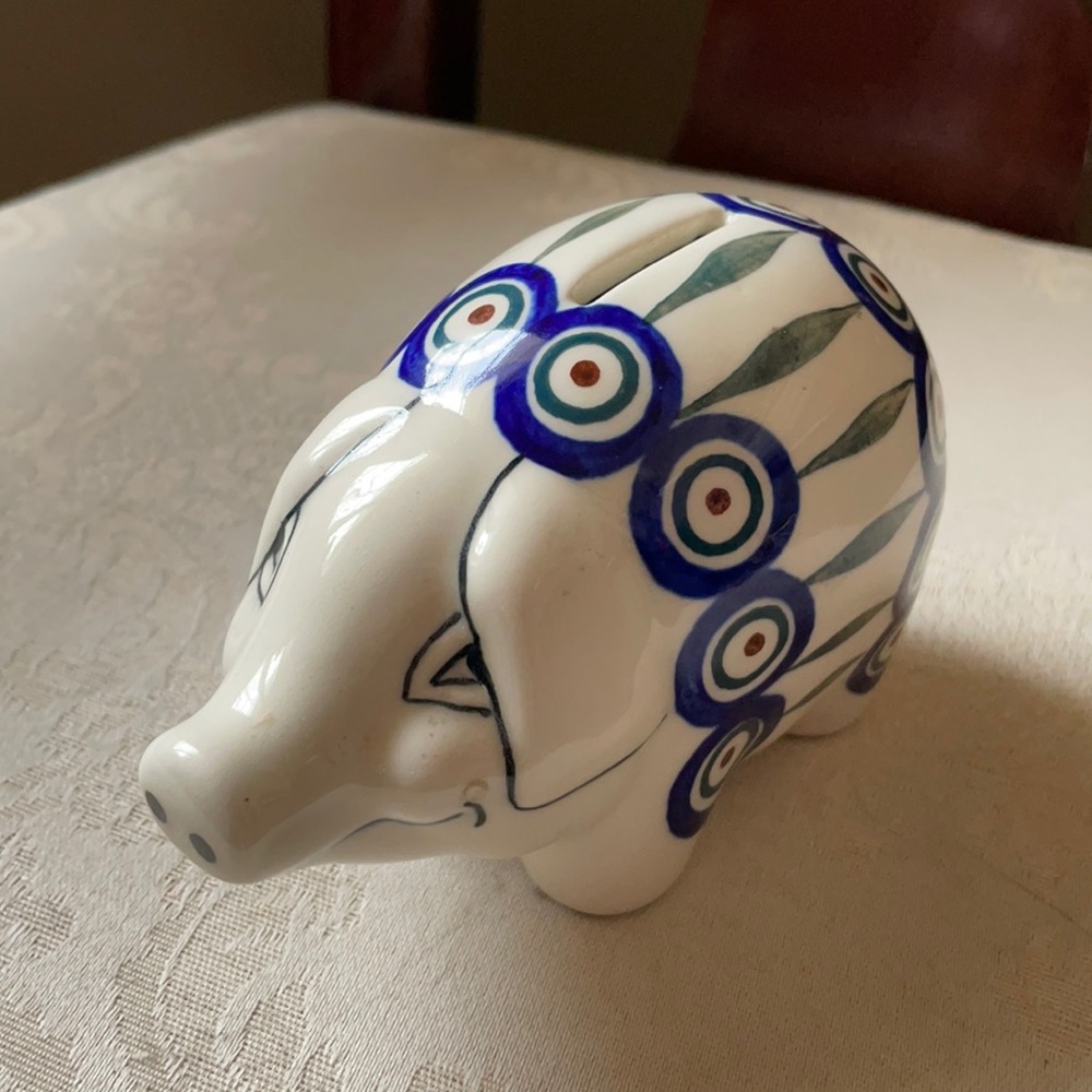Polish piggy bank by Manufaktura w Bolestawcu peacock leaves pattern, ceramic